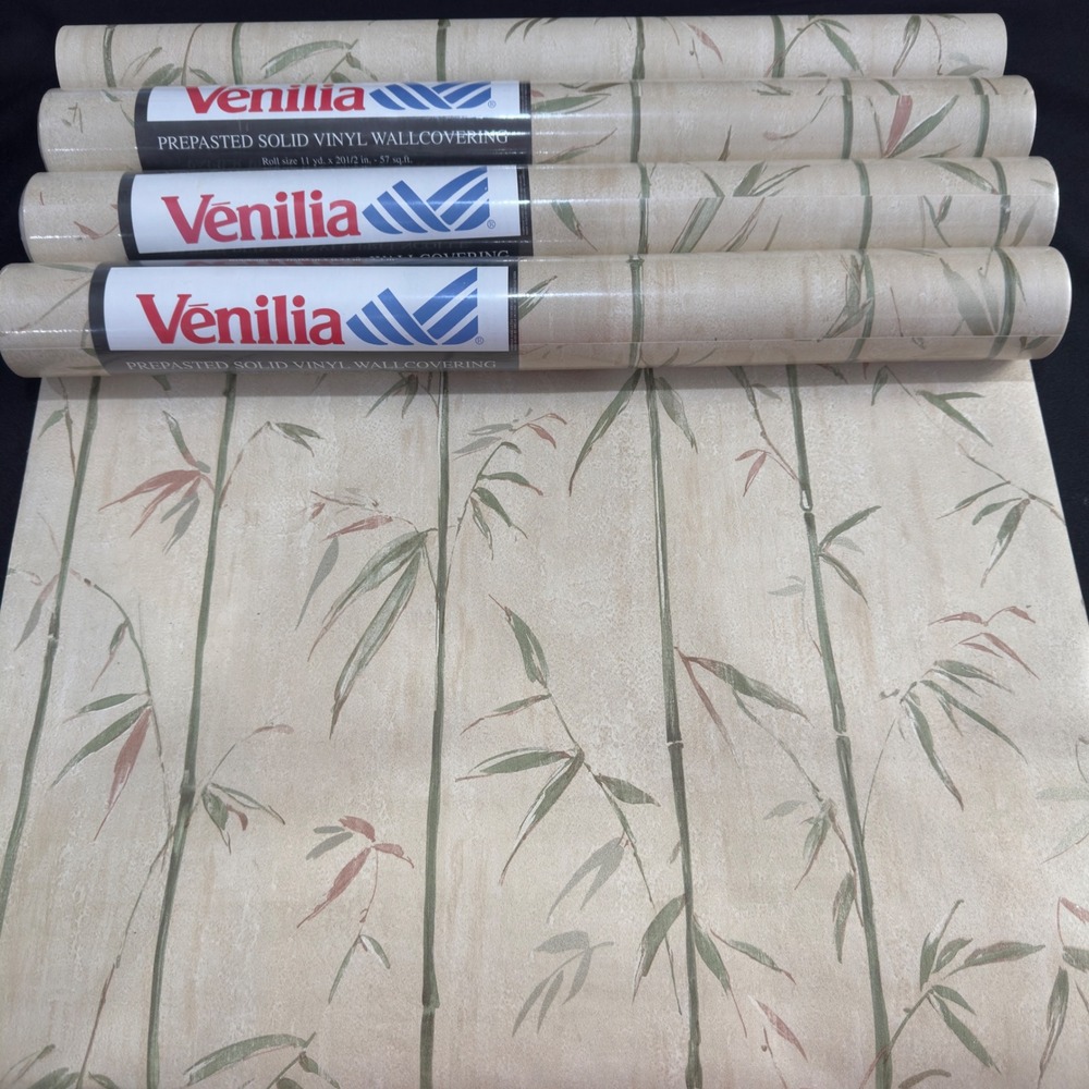 NOS MCM Vintage Venilia Bamboo Vinyl Wallpaper Prepasted Beige Green 4 Rolls